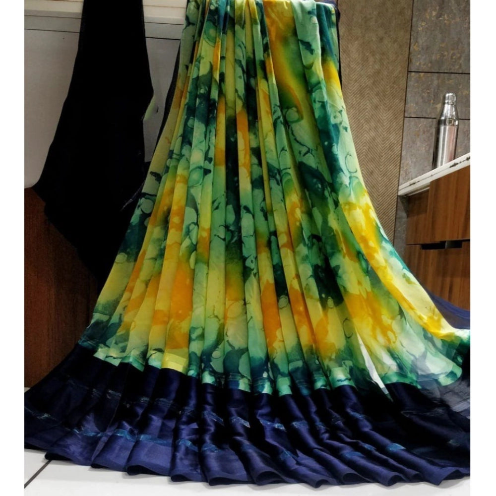 pkrkart Women's Satin Patta Printed Saree With Unstitched Blouse (Blue)