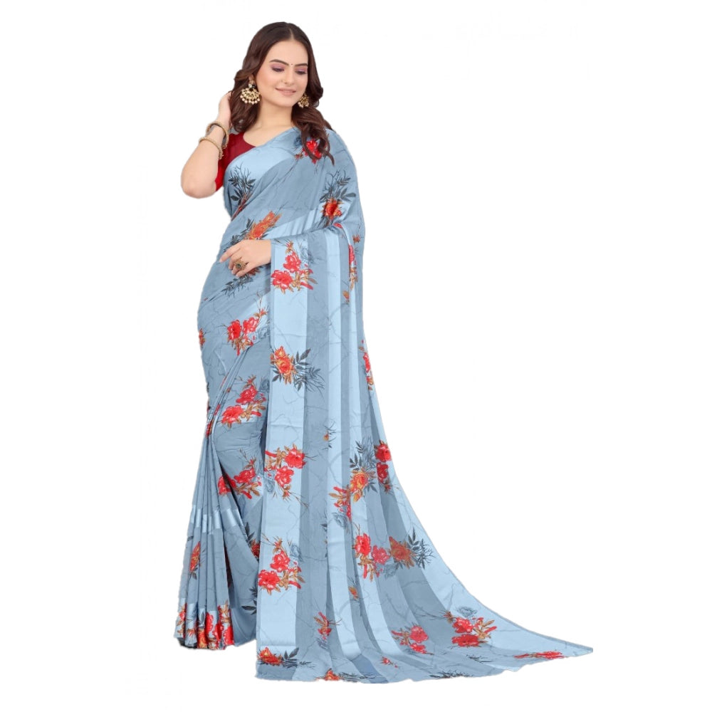 pkrkart Women's Satin Patta Printed Saree With Unstitched Blouse (Grey)