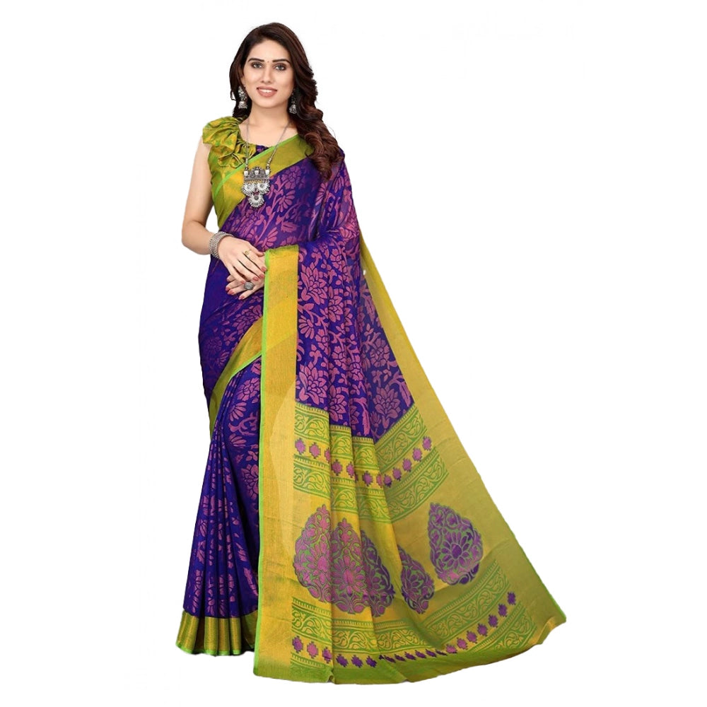 pkrkart Women's Viscose Rayon Printed Saree With Unstitched Blouse (Blue)