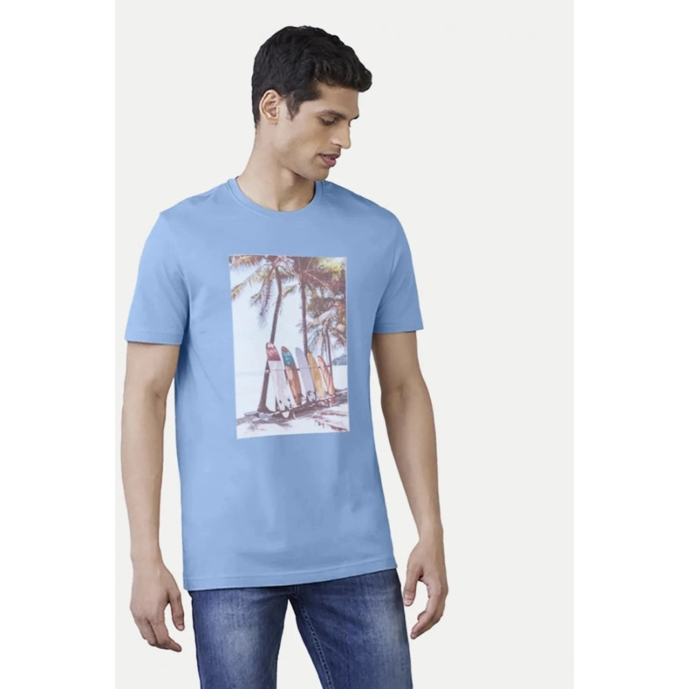 Generic Men's Casual Half sleeve Digital Printed Cotton Crew Neck T-shirt (Sky Blue)