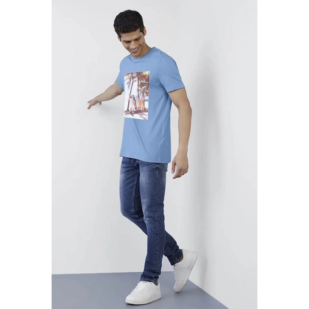 Generic Men's Casual Half sleeve Digital Printed Cotton Crew Neck T-shirt (Sky Blue)