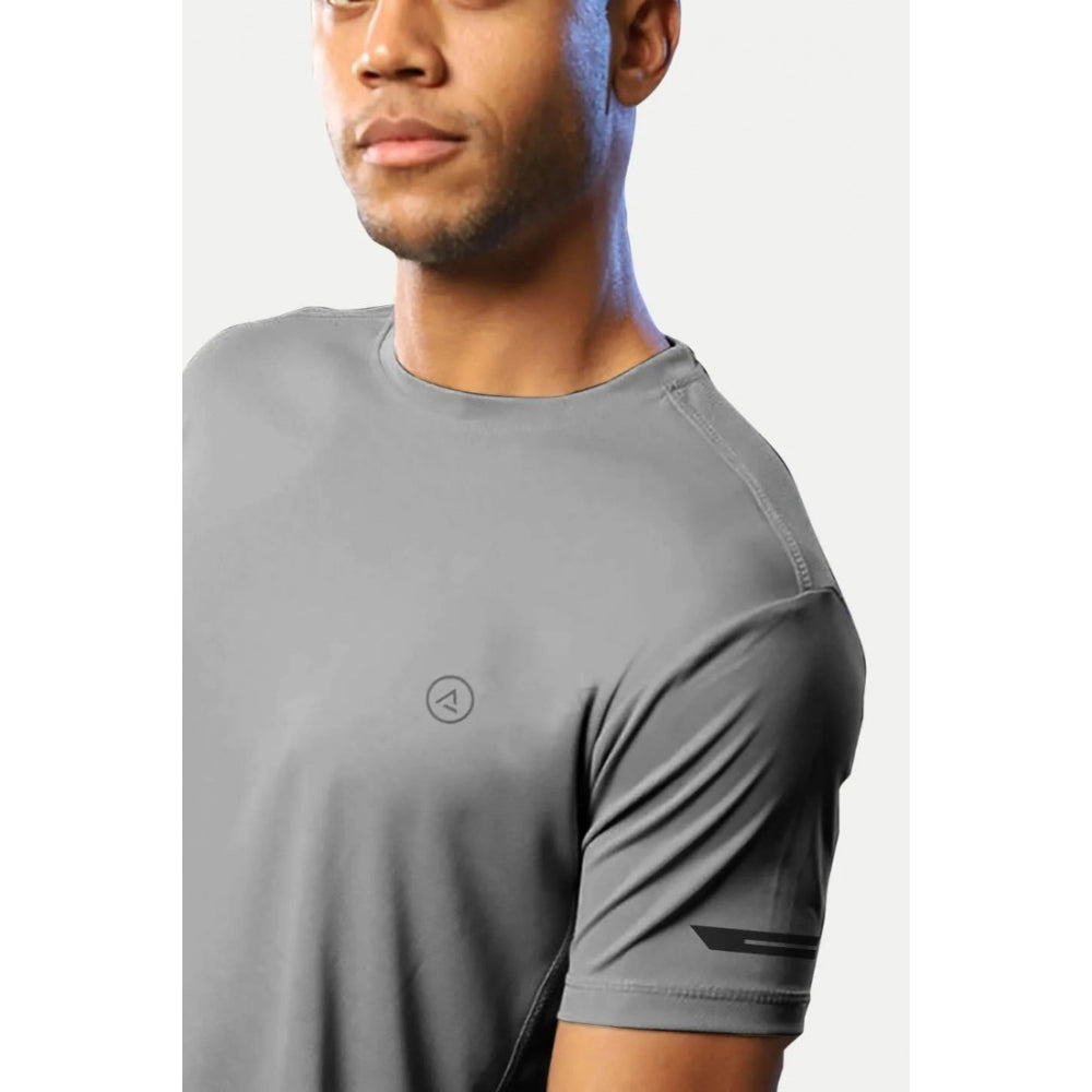 Generic Men's Casual Half sleeve Solid Polyester Crew Neck T-shirt (Grey)