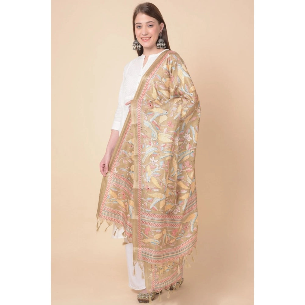pkrkart Women's Art Silk Printed Dupatta (Light Brown, Length: 2.25 to 2.50 Mtr)