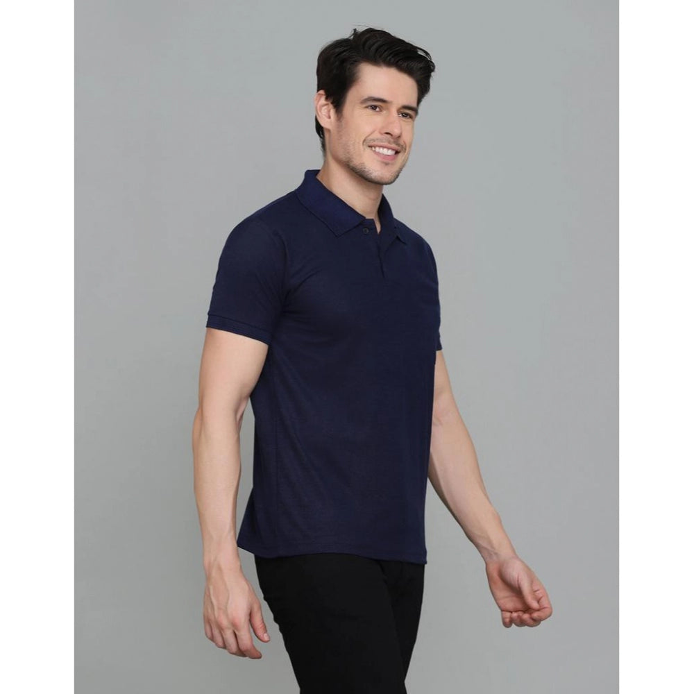 Generic Men's Casual Half Sleeve Solid Cotton Blended Polo Neck T-shirt (Navy Blue)