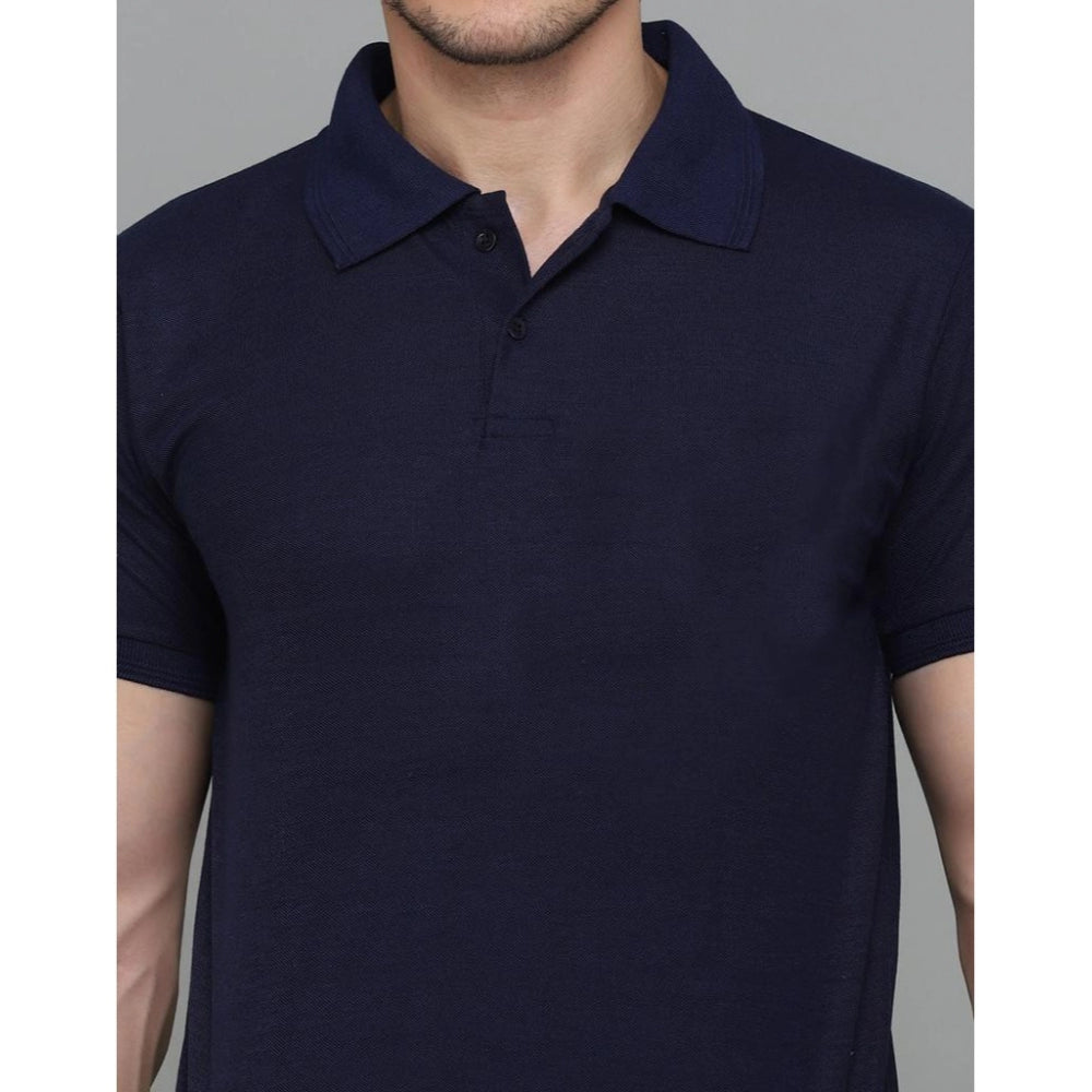 Generic Men's Casual Half Sleeve Solid Cotton Blended Polo Neck T-shirt (Navy Blue)