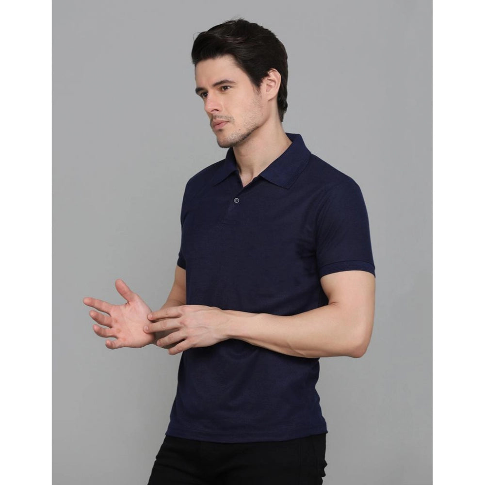 Generic Men's Casual Half Sleeve Solid Cotton Blended Polo Neck T-shirt (Navy Blue)