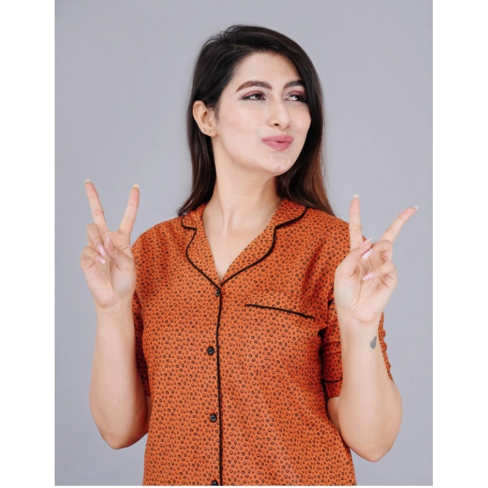 PKRKART Women's Casual Half Sleeve Printed Viscose Rayon Shirt With Pyjama Pant Night Suit Set (Brown)