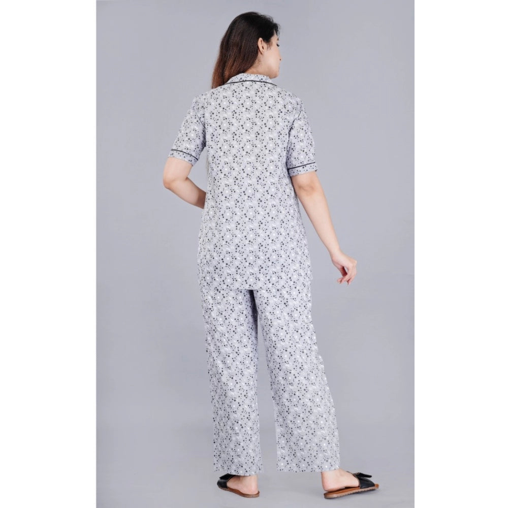 PKRKART Women's Casual Half Sleeve Printed Viscose Rayon Shirt With Pyjama Pant Night Suit Set (Grey)