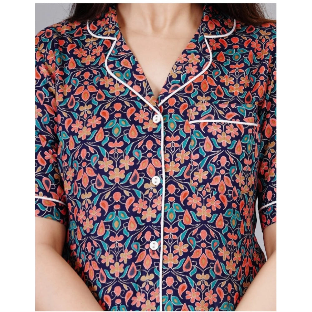 PKRKART Women's Casual Half Sleeve Printed Viscose Rayon Shirt With Pyjama Pant Night Suit Set (Blue)