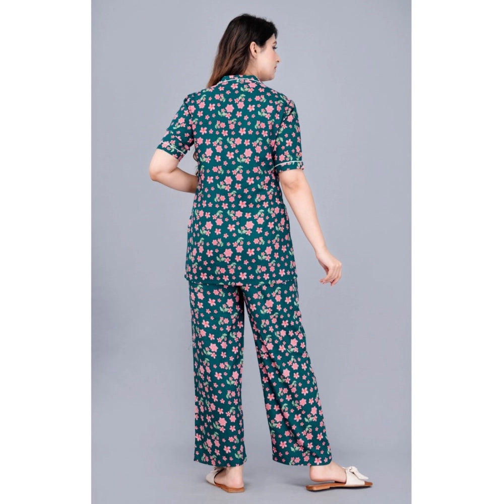 PKRKART Women's Casual Half Sleeve Printed Viscose Rayon Shirt With Pyjama Pant Night Suit Set (Teal)