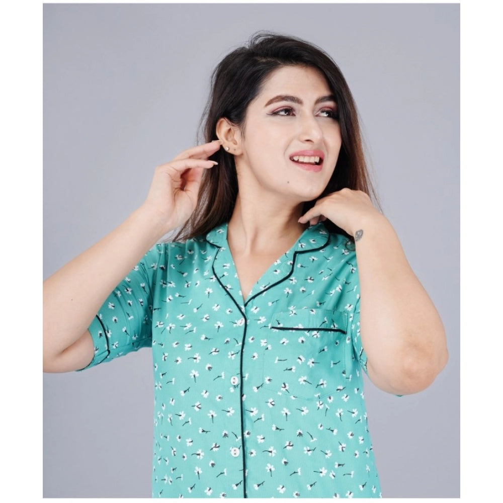 PKRKART Women's Casual Half Sleeve Printed Viscose Rayon Shirt With Pyjama Pant Night Suit Set (Green)