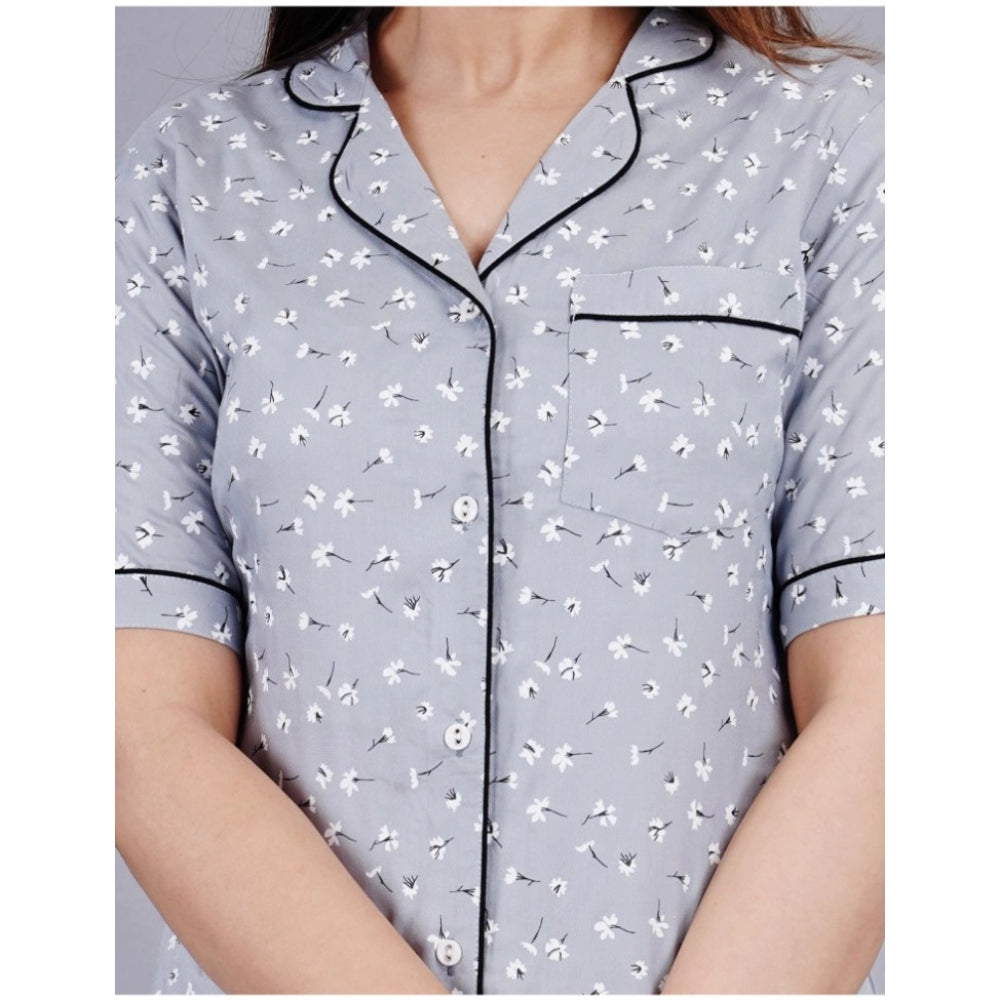 PKRKART Women's Casual Half Sleeve Printed Viscose Rayon Shirt With Pyjama Pant Night Suit Set (Grey)