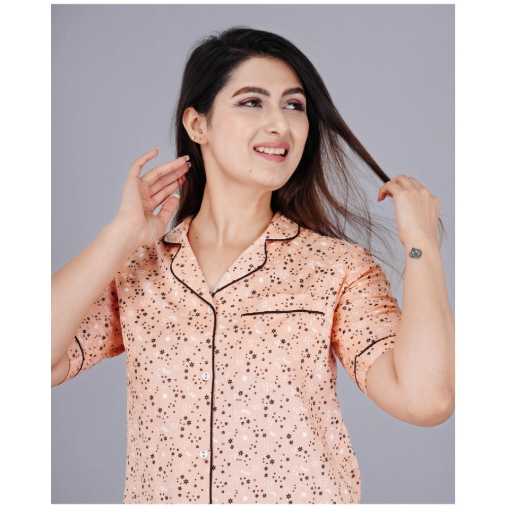 PKRKART Women's Casual Half Sleeve Printed Viscose Rayon Shirt With Pyjama Pant Night Suit Set (Peach)