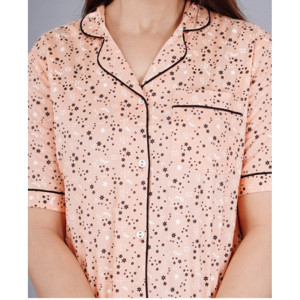PKRKART Women's Casual Half Sleeve Printed Viscose Rayon Shirt With Pyjama Pant Night Suit Set (Peach)