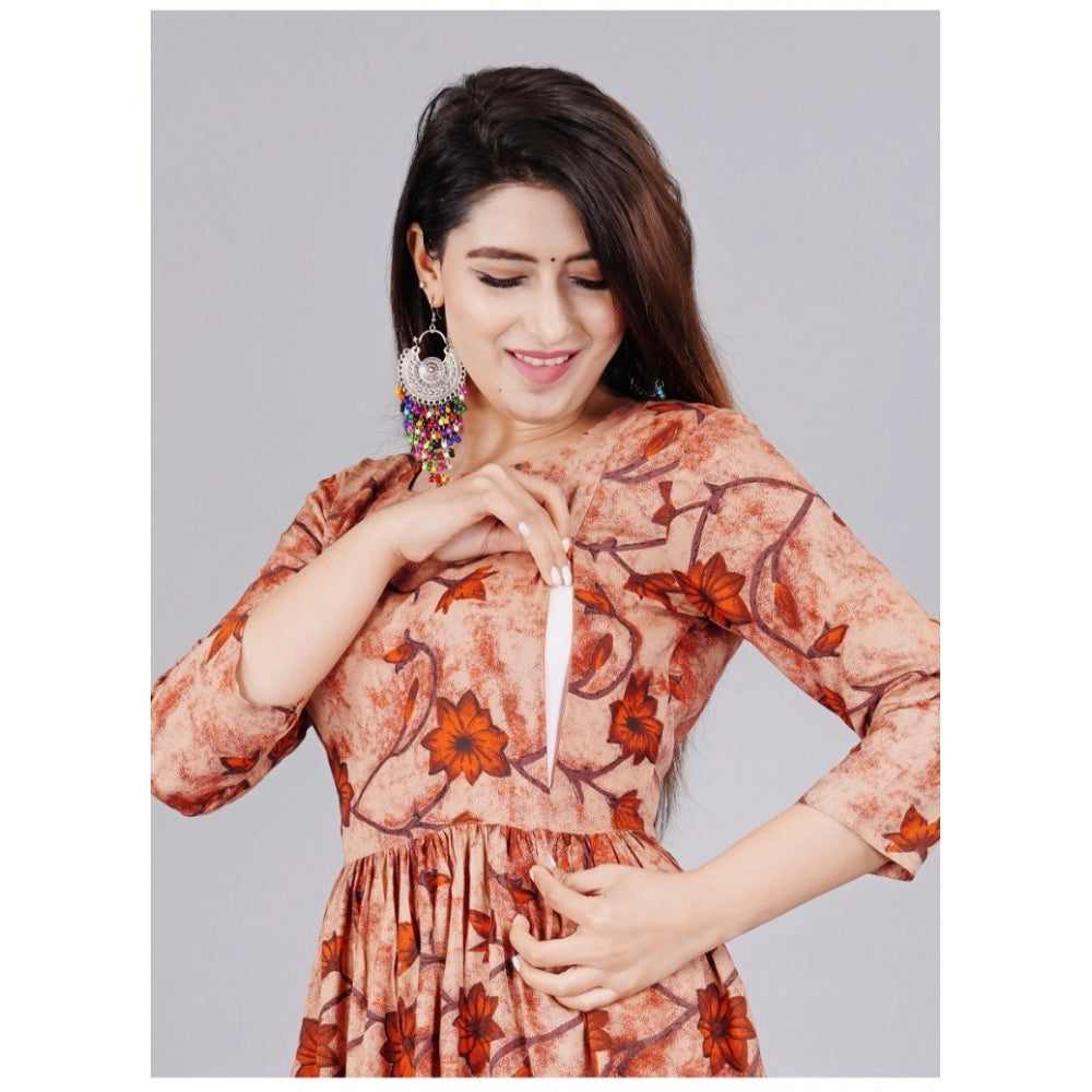 pkrkart Women's Casual 3/4 Sleeve Printed Viscose Maternity Feeding Kurti (Brown)