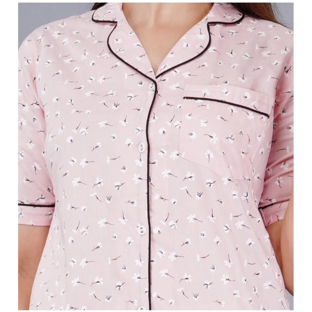 PKRKART Women's Casual Half Sleeve Printed Viscose Rayon Shirt With Pyjama Pant Night Suit Set (Pink)