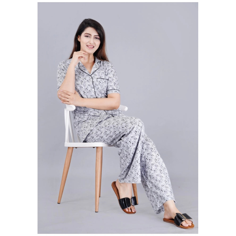 PKRKART Women's Casual Half Sleeve Printed Viscose Rayon Shirt With Pyjama Pant Night Suit Set (Grey)