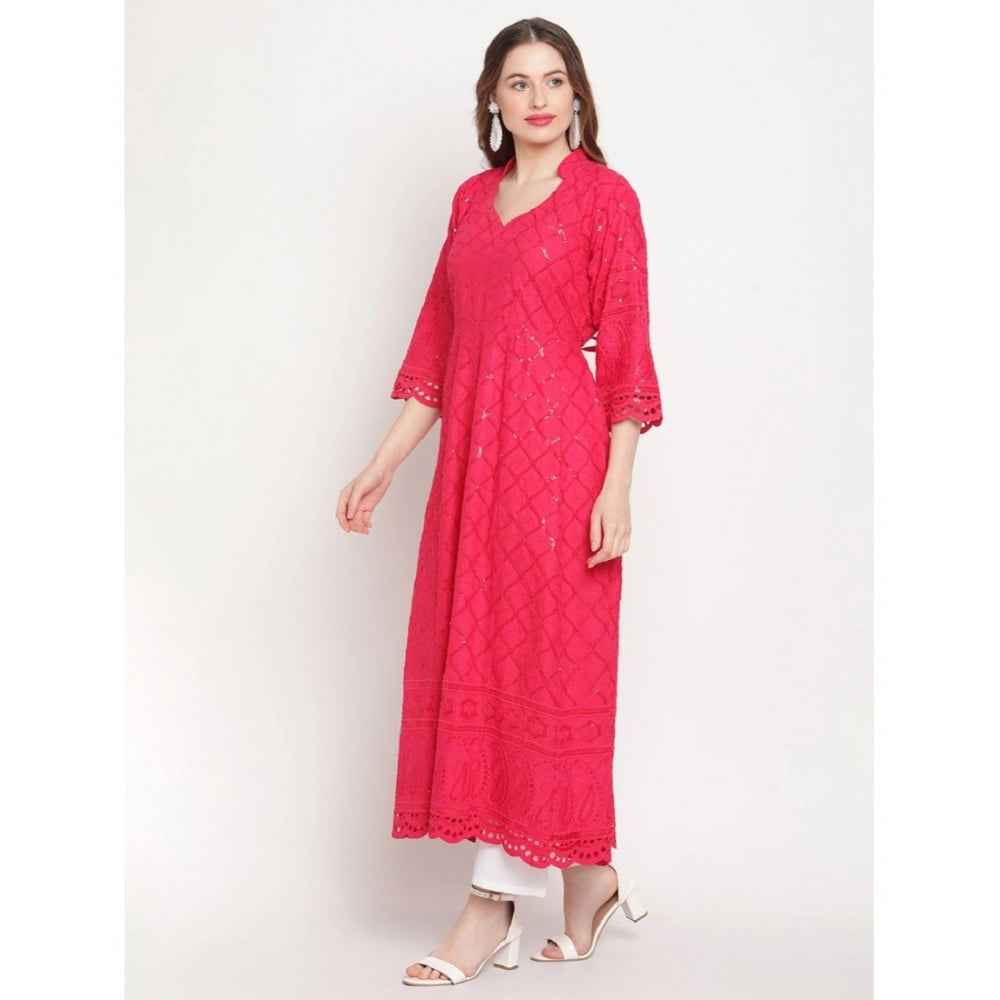 pkrkart Women's Casual 3/4th Sleeve Embroidered Cotton Kurti (Magenta)