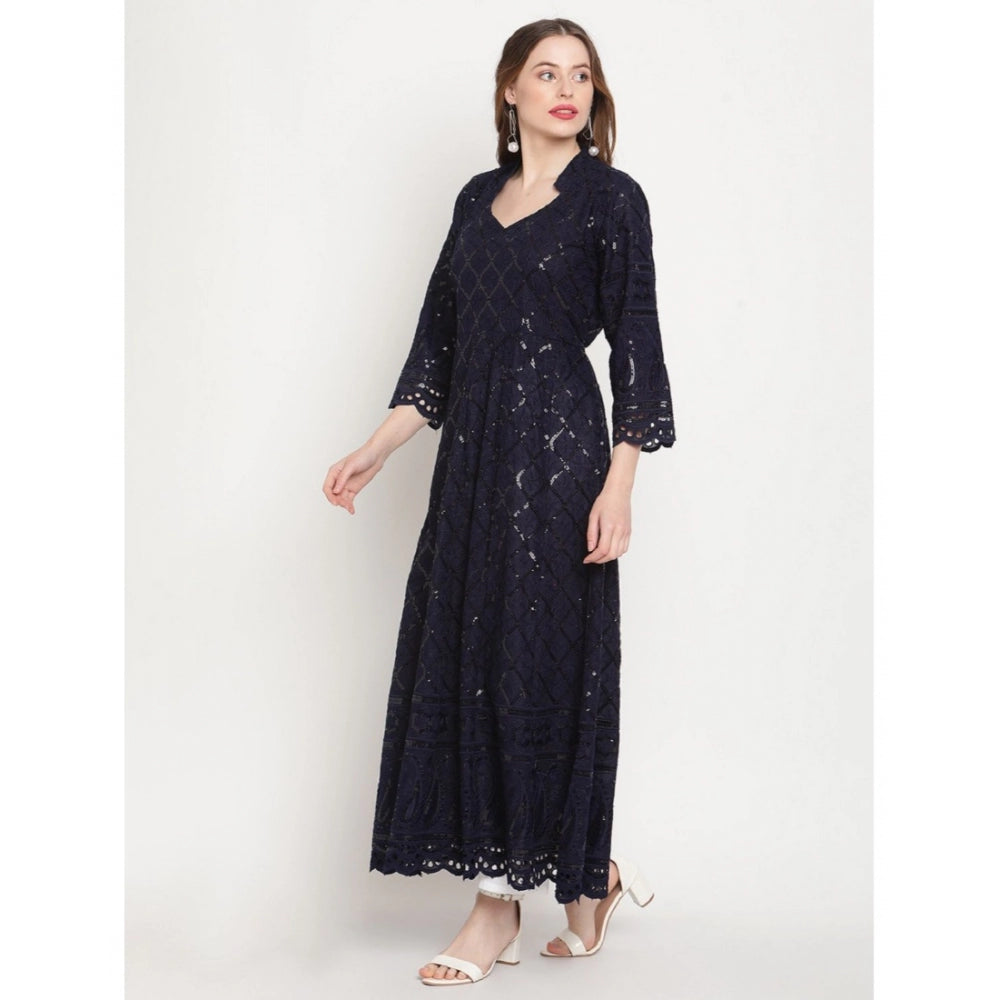 pkrkart Women's Casual 3/4th Sleeve Embroidered Cotton Kurti (Navy Blue)