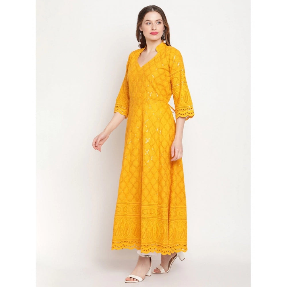 pkrkart Women's Casual 3/4th Sleeve Embroidered Cotton Kurti (Mustard)
