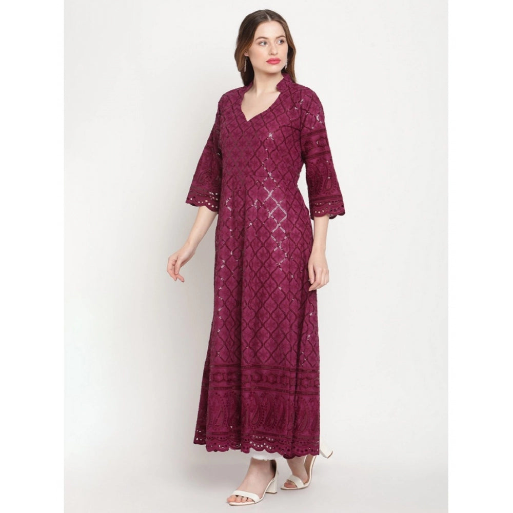 pkrkart Women's Casual 3/4th Sleeve Embroidered Cotton Kurti (Purple)
