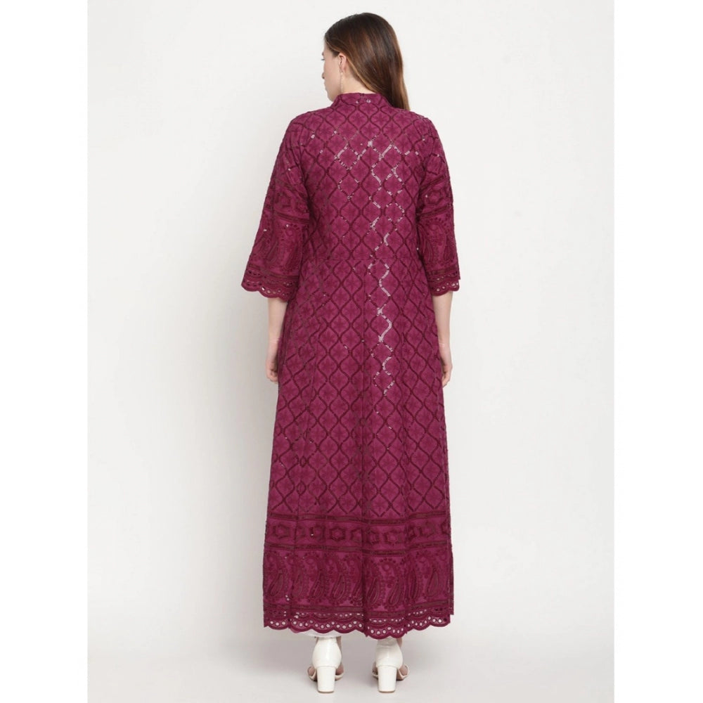 pkrkart Women's Casual 3/4th Sleeve Embroidered Cotton Kurti (Purple)