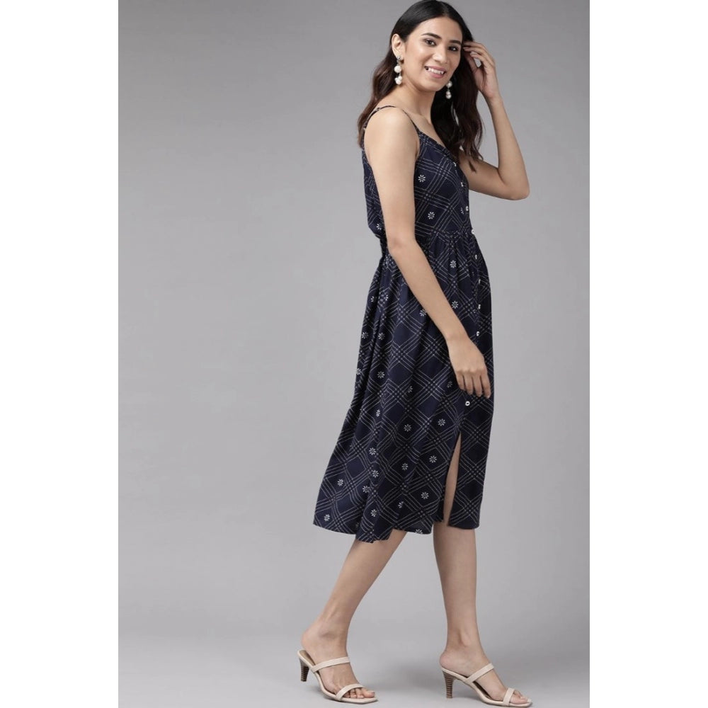 PKRKART Women's Casual Sleeveless Stripe Printed Rayon Dress (Blue)