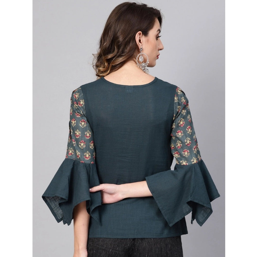 PKRKART Women's Casual Bell Sleeves Floral Printed Cotton Slub Top (Grey)