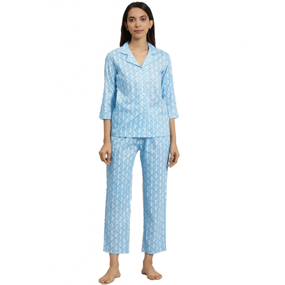 PKRKART Women's Casual 3/4 th Sleeve Floral Printed Rayon Shirt With Pyjama Pant Night Suit Set (Blue)