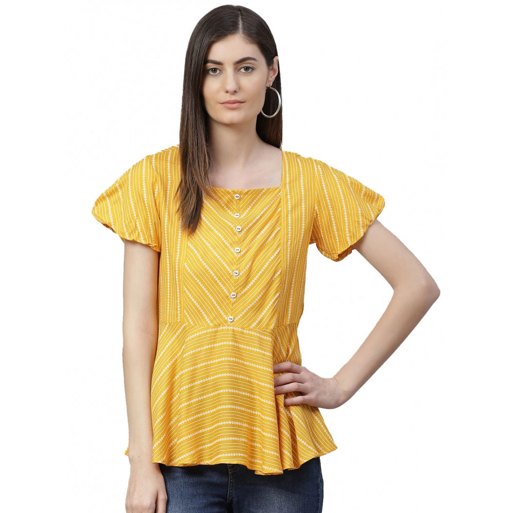 PKRKART Women's Casual Short Sleeves Stripe Printed Rayon Top (Mustard)