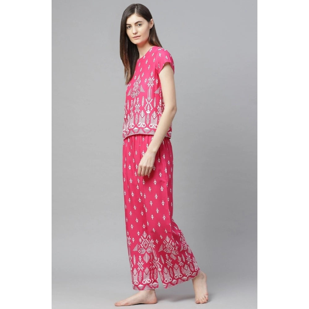 PKRKART Women's Casual Short Sleeve Printed Rayon Pajama Set (Pink)