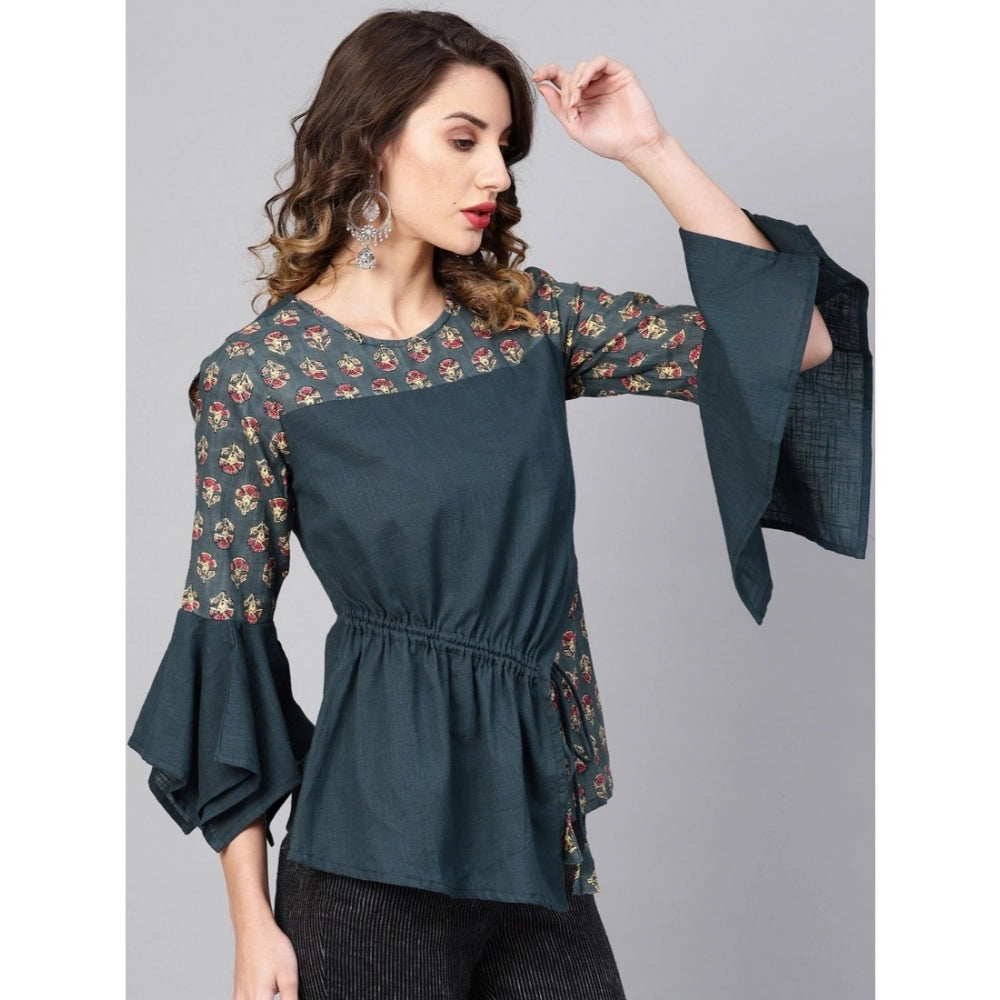 PKRKART Women's Casual Bell Sleeves Floral Printed Cotton Slub Top (Grey)