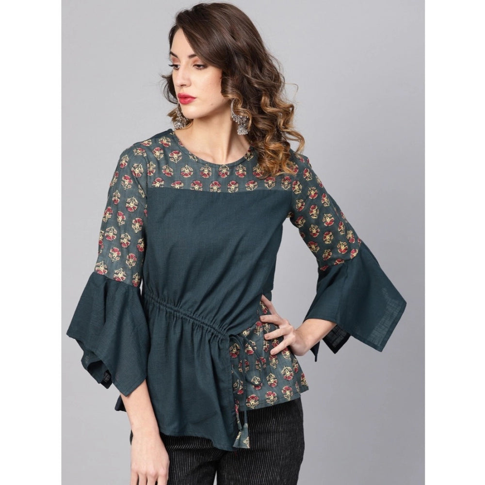 PKRKART Women's Casual Bell Sleeves Floral Printed Cotton Slub Top (Grey)
