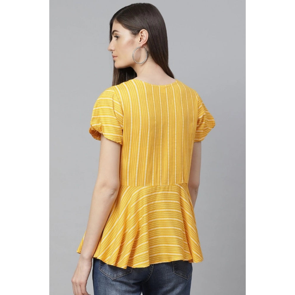 PKRKART Women's Casual Short Sleeves Stripe Printed Rayon Top (Mustard)