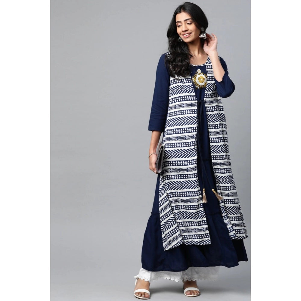 pkrkart Women's Casual 3/4 th Sleeve Geometric Rayon Kurti (Navy Blue)
