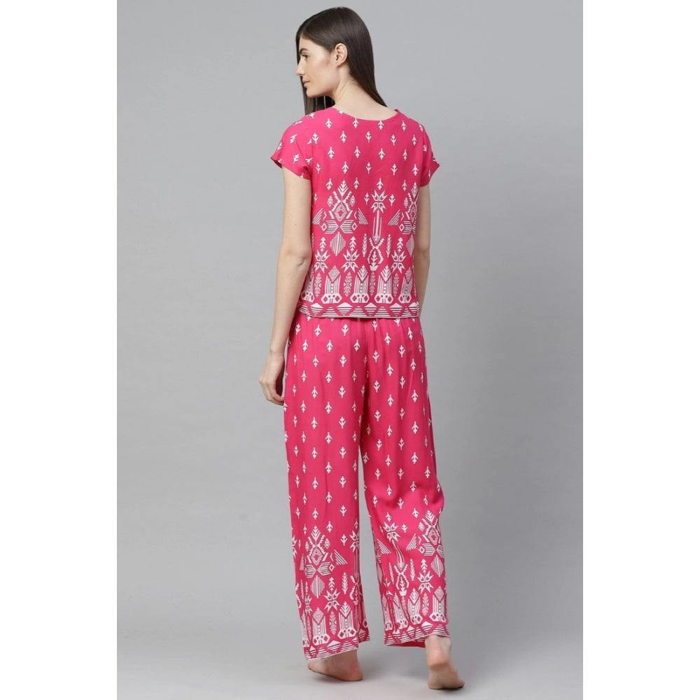 PKRKART Women's Casual Short Sleeve Printed Rayon Pajama Set (Pink)