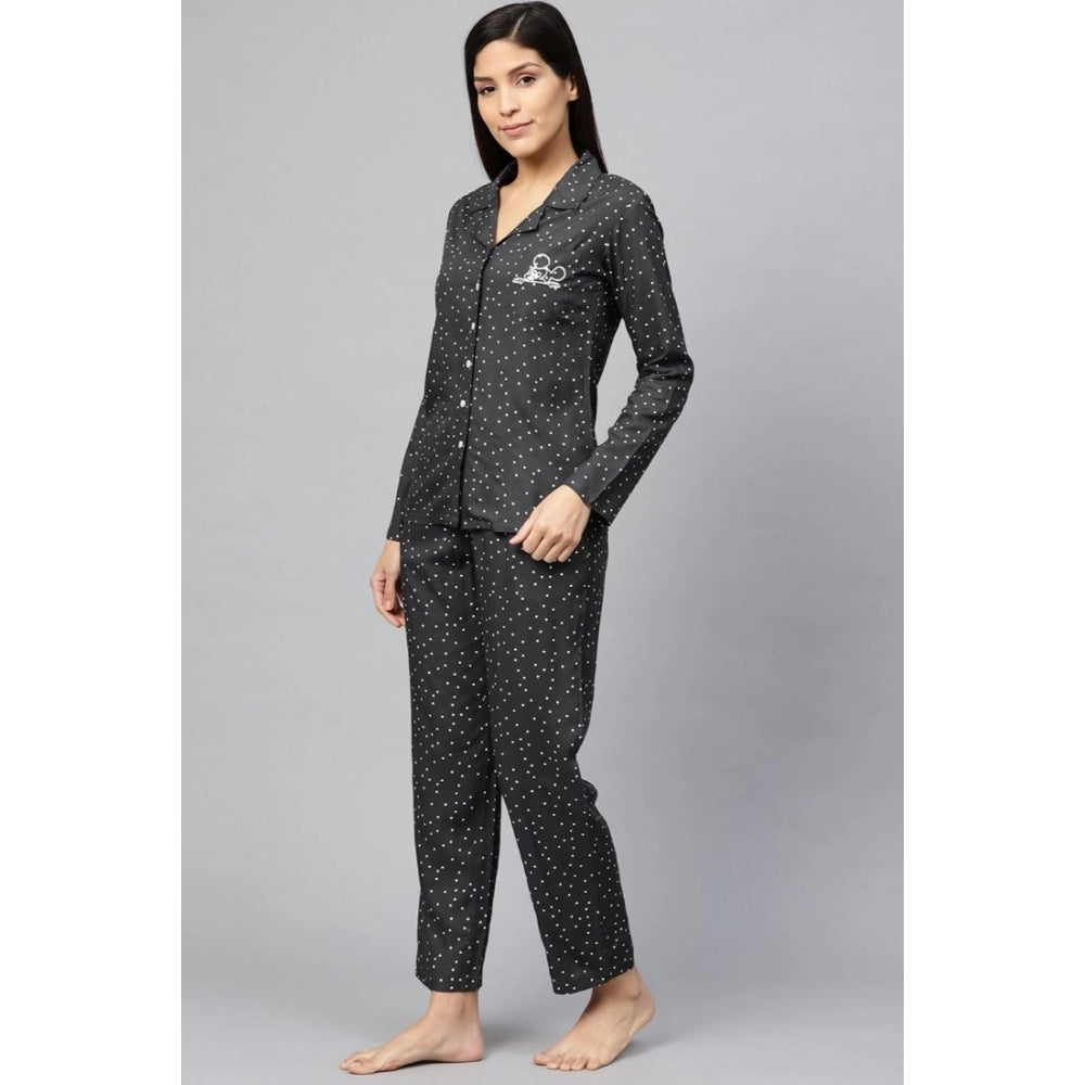 PKRKART Women's Casual Full Sleeves Polka Dot Printed Rayon Shirt With Pyjama Pant Night Suit Set (Grey)