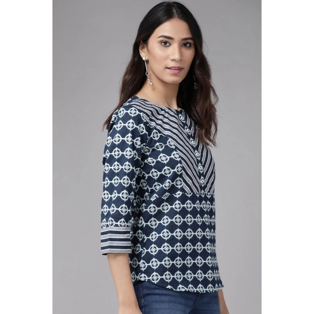 PKRKART Women's Casual 3/4 th Sleeve Floral Printed Cotton Top (Blue)