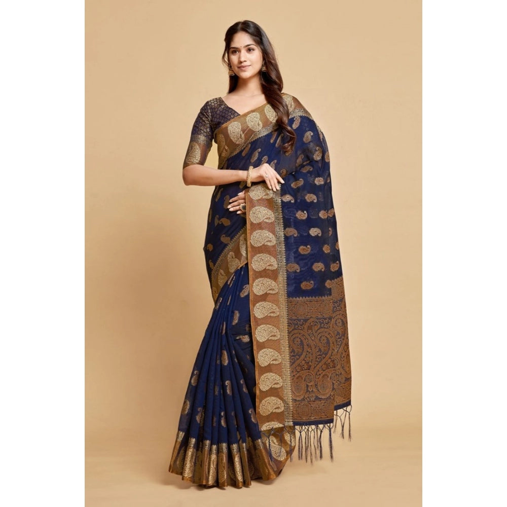 pkrkart Women's Chanderi Cotton Printed Saree With Unstitched Blouse (Navy Blue, 5-6 Mtrs)
