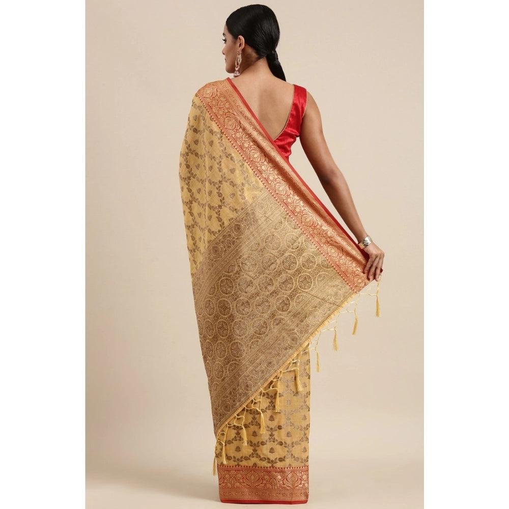 pkrkart Women's Chanderi Cotton Printed Saree With Unstitched Blouse (Yellow, 5-6 Mtrs)