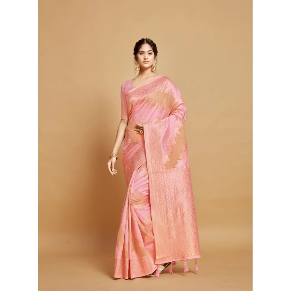 pkrkart Women's Linen Printed Saree With Unstitched Blouse (Pink, 5-6 Mtrs)