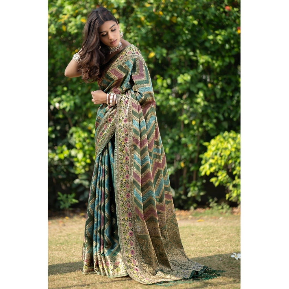 pkrkart Women's Organza Printed Saree With Unstitched Blouse (Green, 5-6 Mtrs)