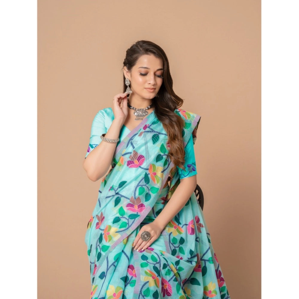pkrkart Women's Cotton Printed Saree With Unstitched Blouse (Sky Blue, 5-6 Mtrs)