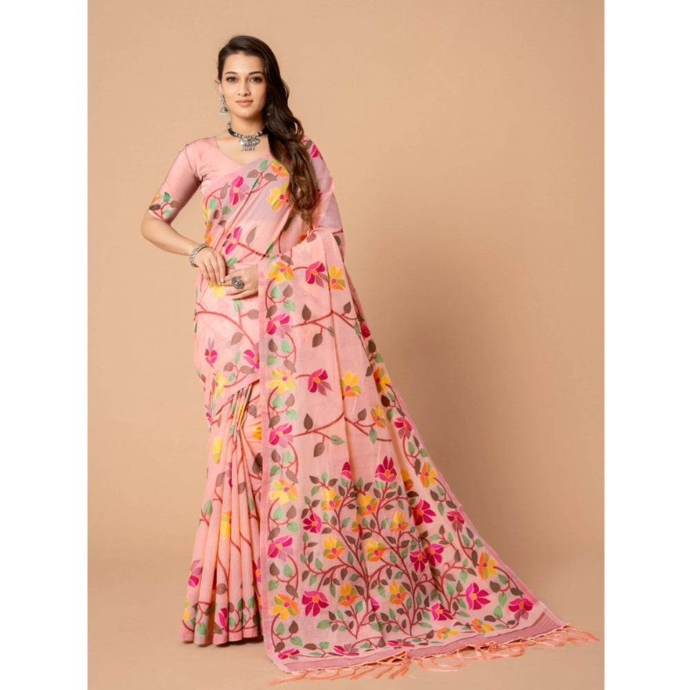 pkrkart Women's Cotton Printed Saree With Unstitched Blouse (Pink, 5-6 Mtrs)