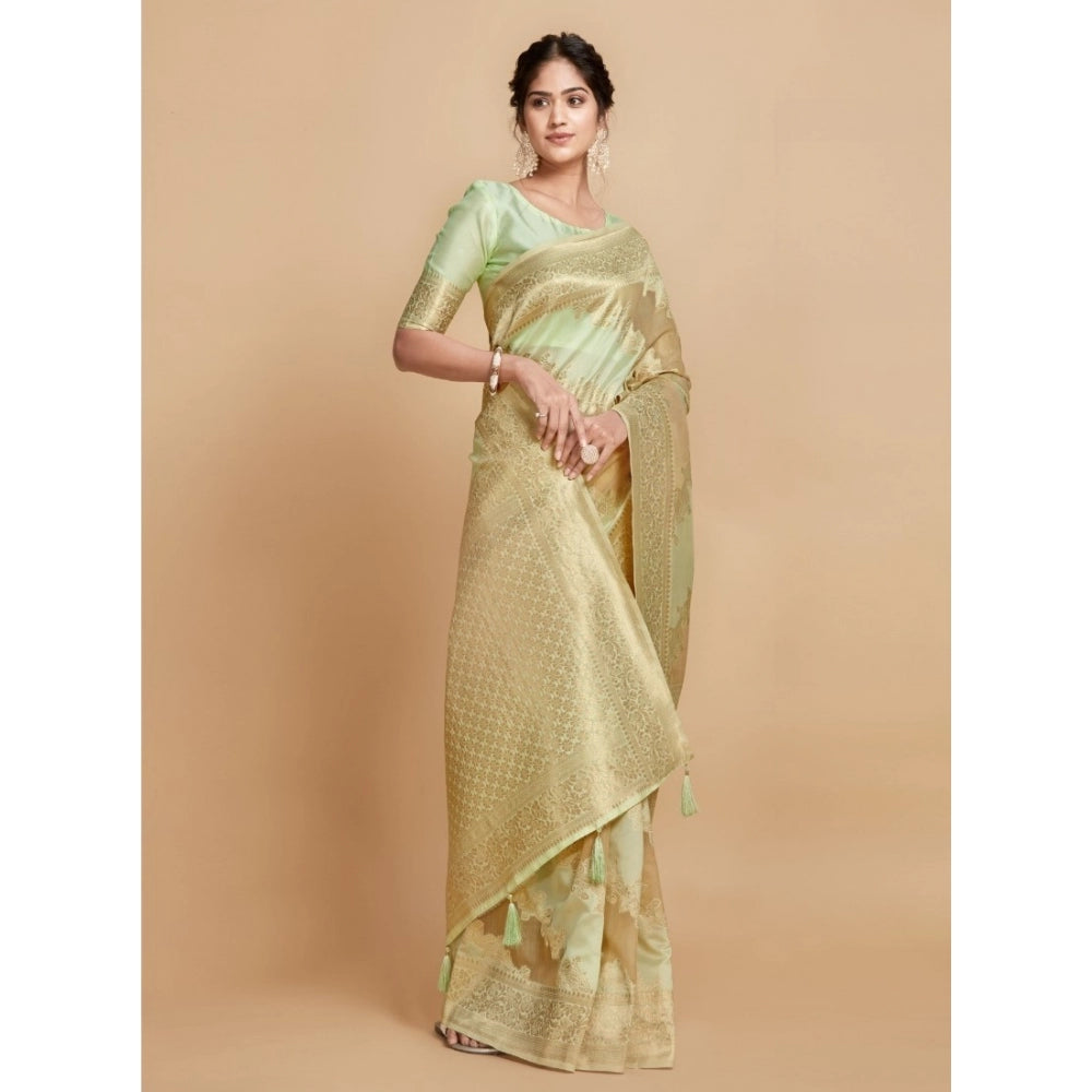 pkrkart Women's Linen Printed Saree With Unstitched Blouse (Pista, 5-6 Mtrs)