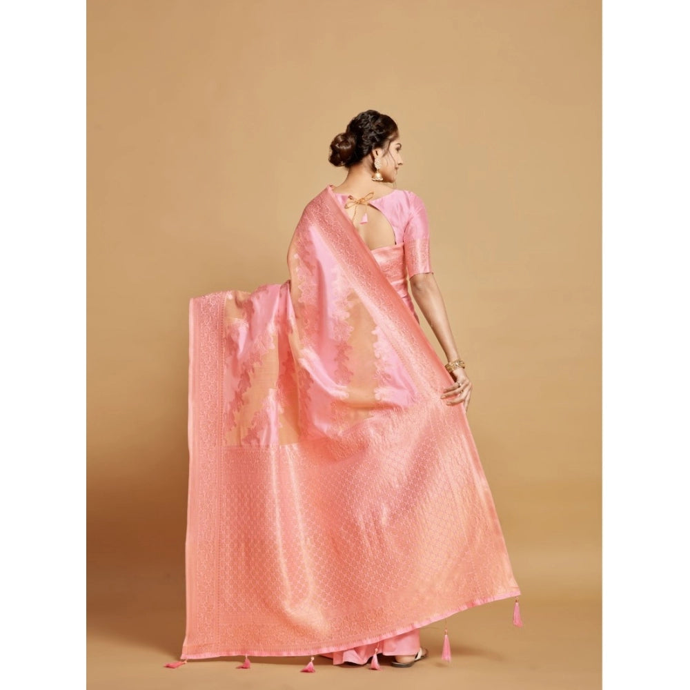 pkrkart Women's Linen Printed Saree With Unstitched Blouse (Pink, 5-6 Mtrs)
