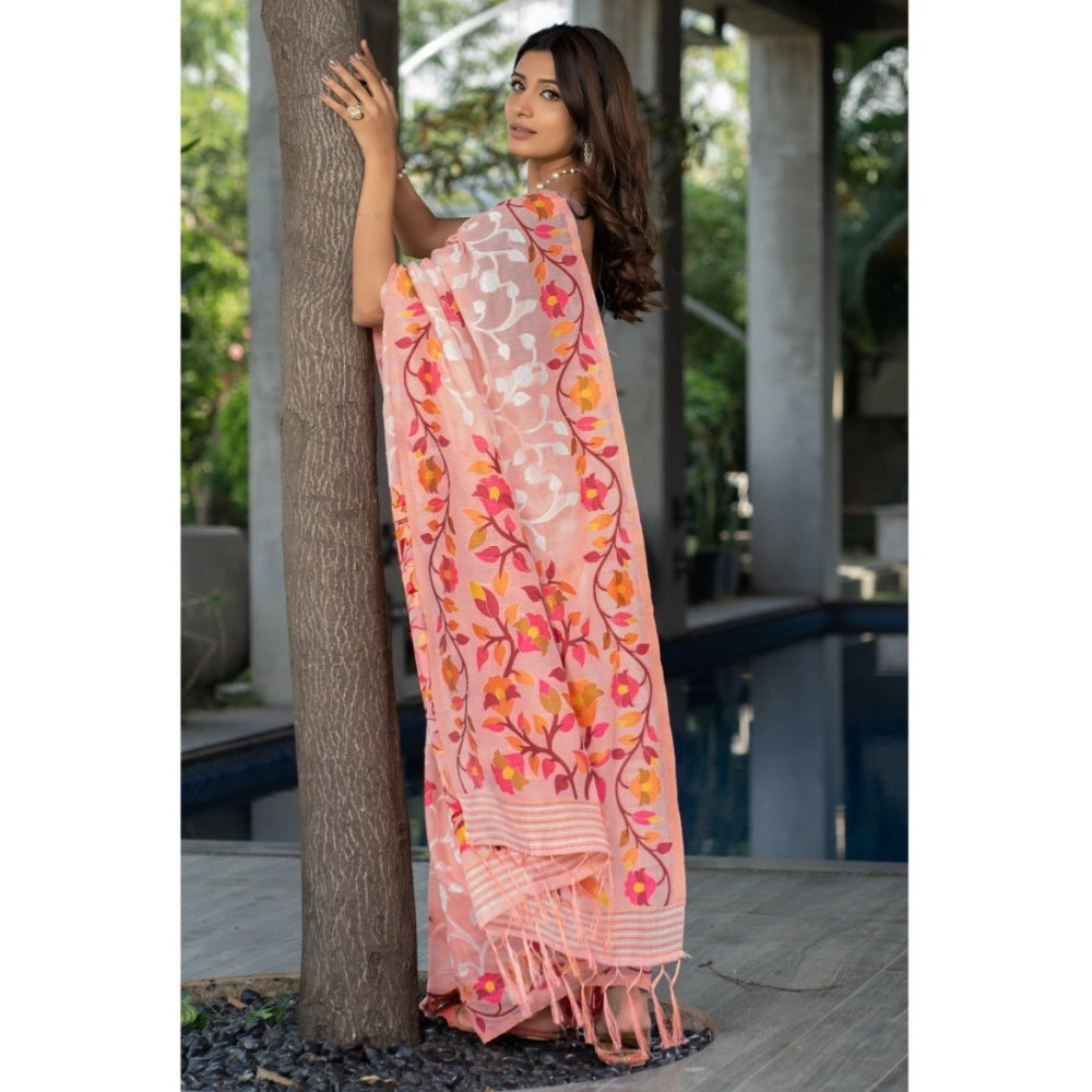 pkrkart Women's Cotton Printed Saree With Unstitched Blouse (Peach, 5-6 Mtrs)