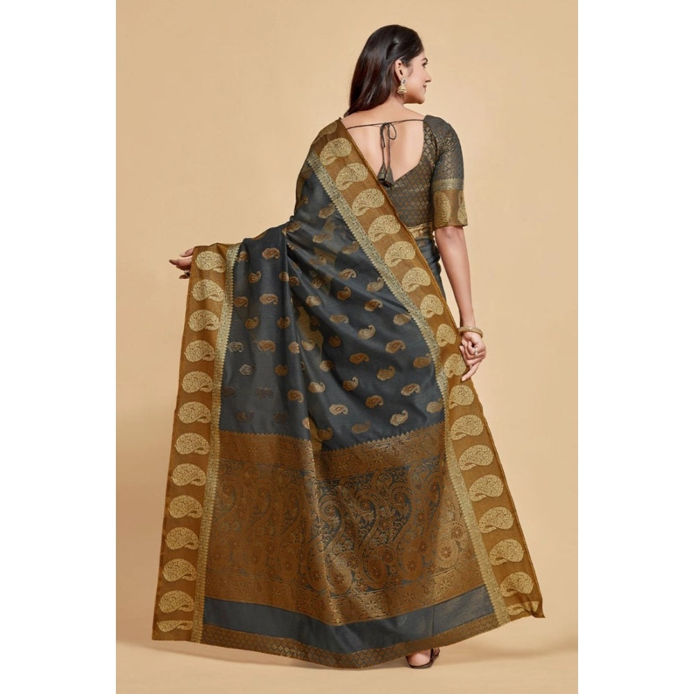 pkrkart Women's Chanderi Cotton Printed Saree With Unstitched Blouse (Grey, 5-6 Mtrs)