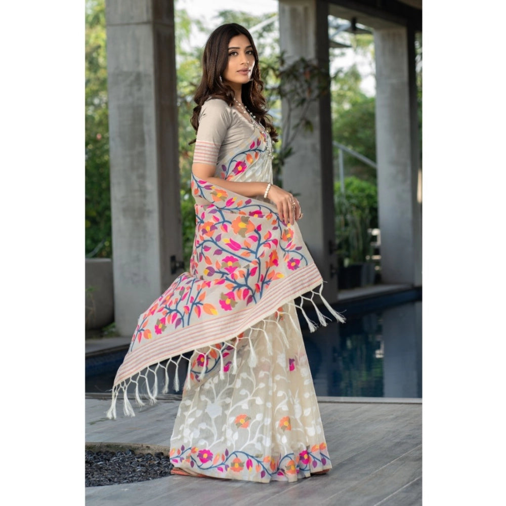 pkrkart Women's Cotton Printed Saree With Unstitched Blouse (Off-White, 5-6 Mtrs)