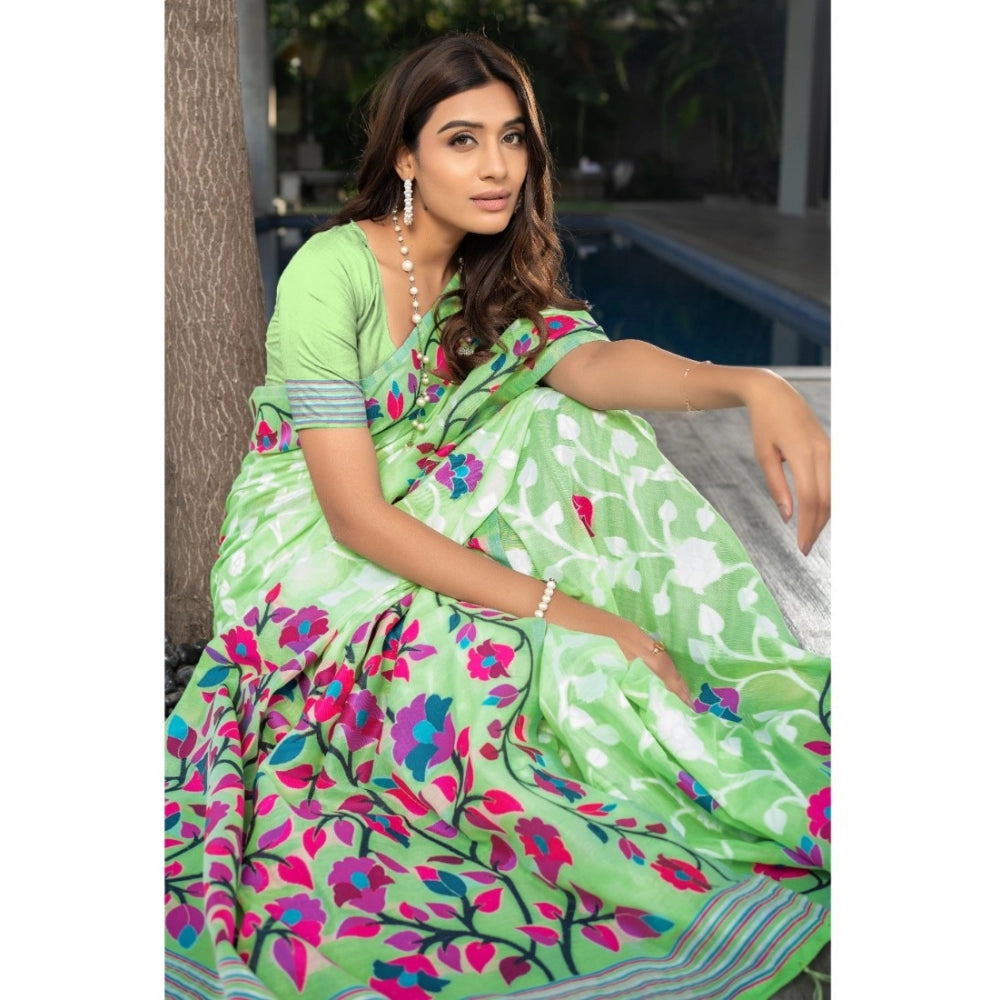 pkrkart Women's Cotton Printed Saree With Unstitched Blouse (Green, 5-6 Mtrs)